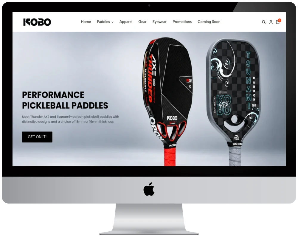 KOBO Pickleball Shopify store shown on a desktop monitor