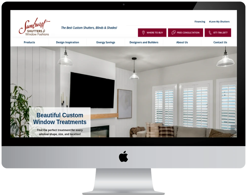 Sunburst Shutters website shown on a desktop monitor